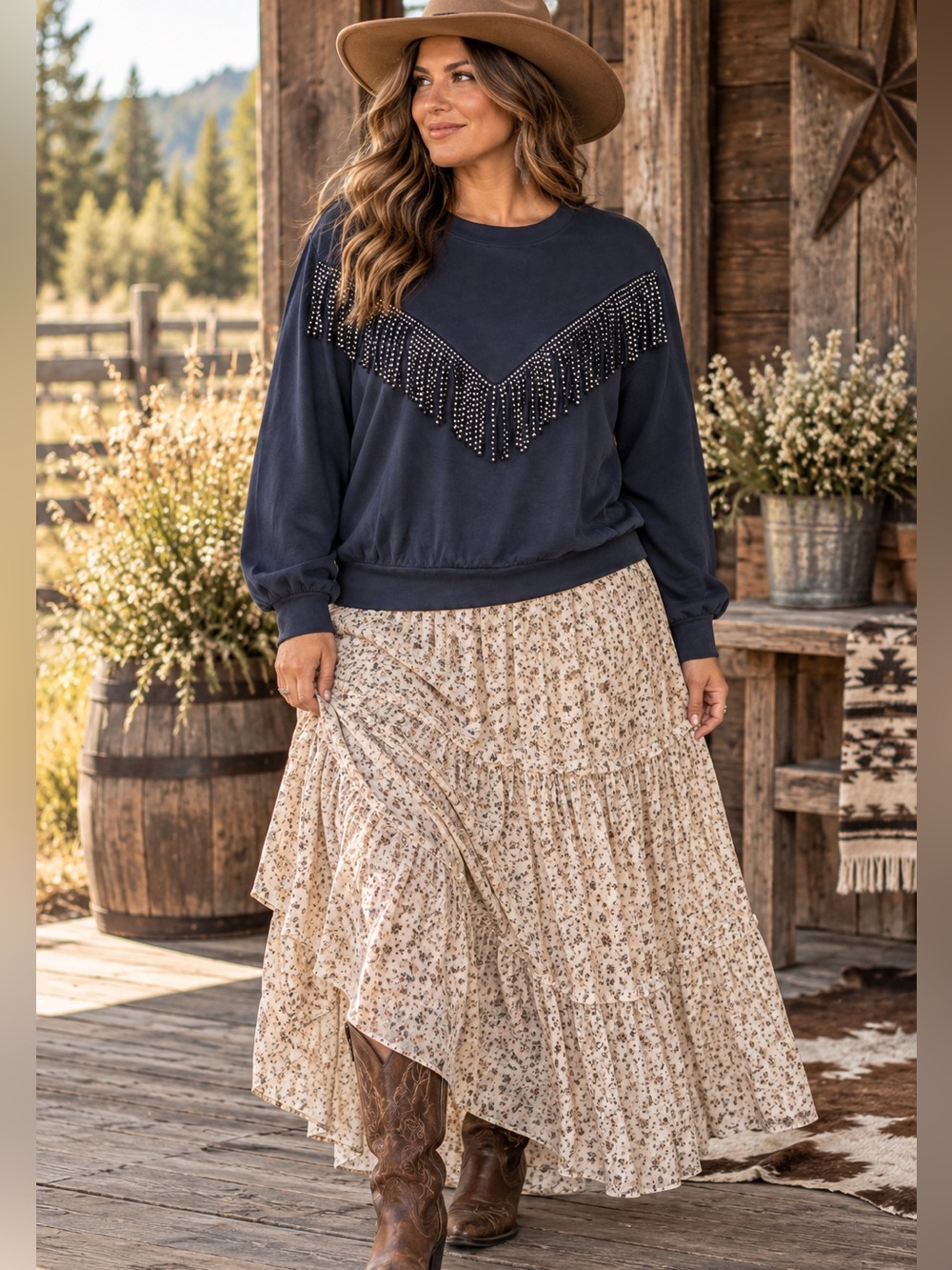 Bar III Size XL Women’s Black Fringe Studded Crew Sweatshirt Chevron Fringe